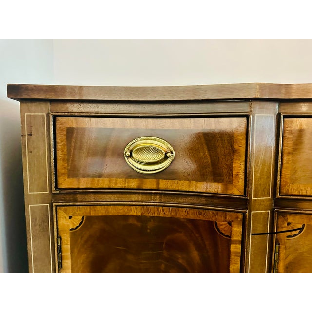 Brass Vintage Federal Style Banded Mahogany Bowfront Sideboard- 50”x39.5”x22” For Sale - Image 8 of 12