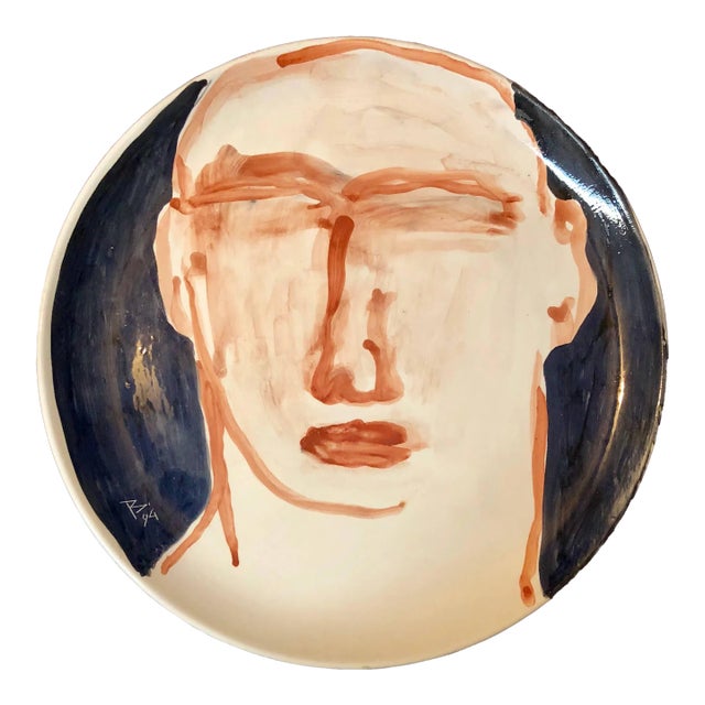 Luigi Benzoni, Contemporary Italian Painted Ceramic Artist Plate Brutalist Face Painting, 1994 For Sale