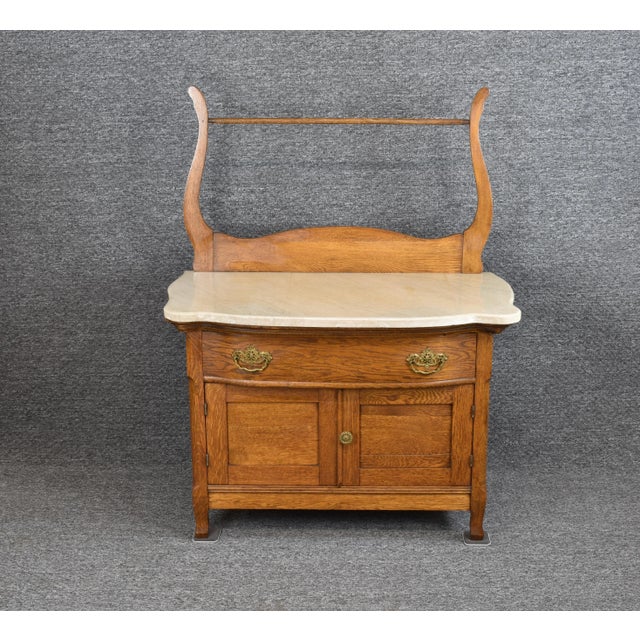 Antique Serpentine Marble Top Tiger Oak Dresser Entry Washstand For Sale - Image 12 of 12