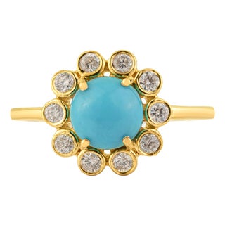 1.25ct Turquoise & Diamond Floral Vintage Cocktail Ring Size 4 in 14k Yellow Gold For Sale