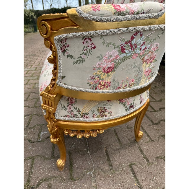 1970 French Louis XVI Gold Beech Damask Settee 1pc For Sale - Image 10 of 12