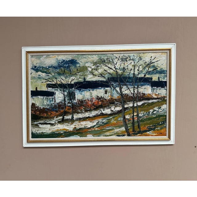 Original Swedish Oil on Panel – “Landscape with Houses and Trees” by Stig Hallblom – Signed – Vintage & Framed – 90 × 59.5...