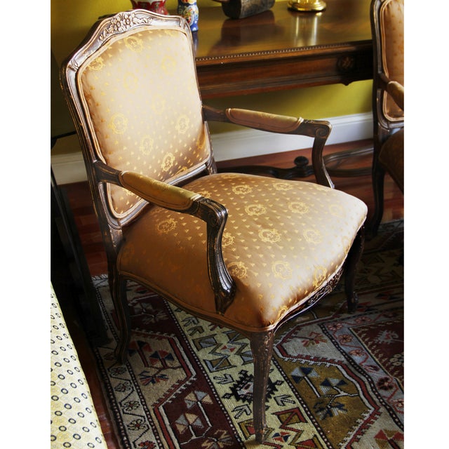 Victorian Vintage Louis XV Brocade Fauteuil Chairs - A Pair For Sale - Image 3 of 9