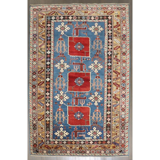 19th Century Zabihi Collection Blue Karaghashli Caucasian Rug - 3'8" x 4'9" For Sale In New York - Image 6 of 8