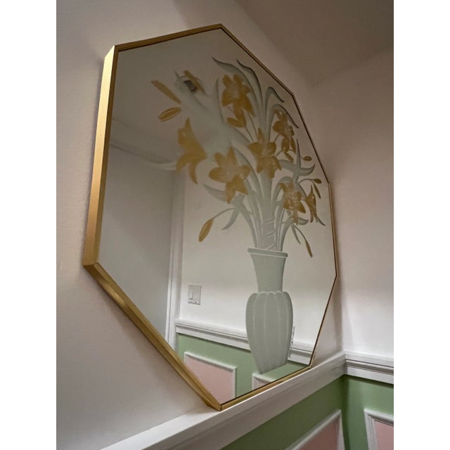 Metal Octagon Brass Etched Floral Mirror, Circa 1970 For Sale - Image 7 of 10