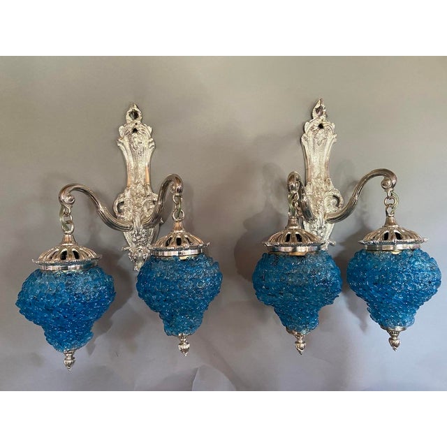 1990s French Louis XVI Silver Bronze Blue Crystal Wall Lamps / Sconces – Pair For Sale - Image 13 of 13