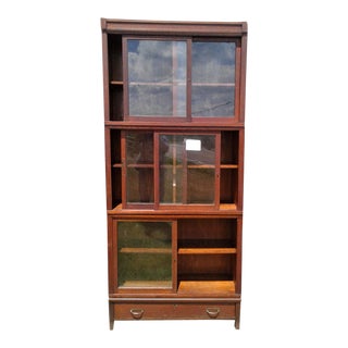 1920s Antique Quarter Sawn Oak 3 Stack Danner Sliding Doors Bookcase with Bottom Drawer For Sale