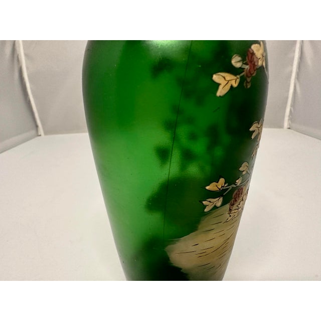 Green Art Nouveau Enamel Art Glass Vase: Maiden in Vineyard For Sale - Image 8 of 10