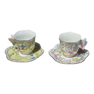 Late 20th Century Formalities Baum Brothers Floral Butterfly Handle Demi-Tasse Cup & Saucer Pair For Sale