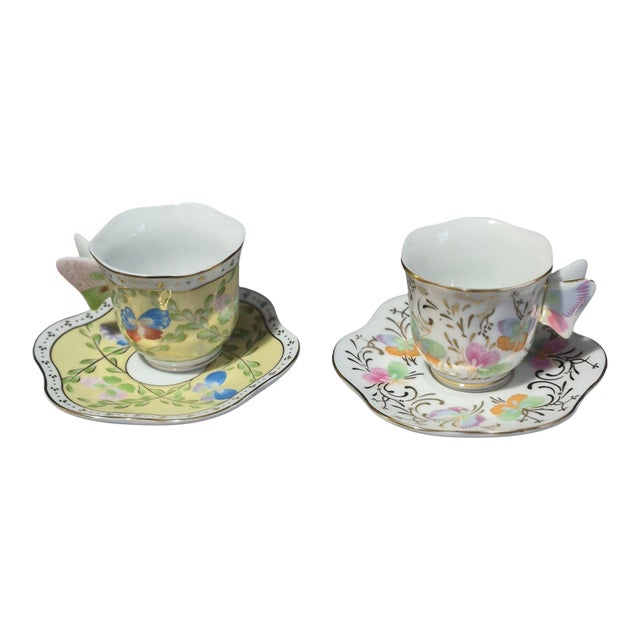 Late 20th Century Formalities Baum Brothers Floral Butterfly Handle Demi-Tasse Cup & Saucer Pair For Sale