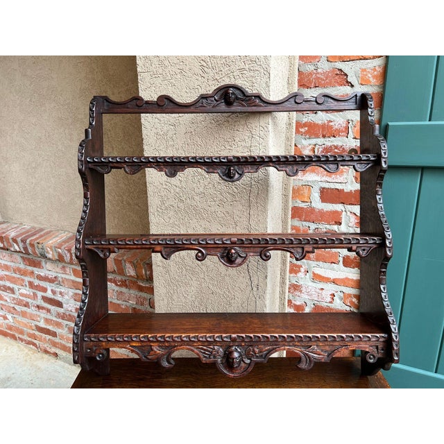 Antique English Gothic Revival Wall Shelf Carved Oak Hanging Display Rack c1880. Direct from England, a superb and richly...