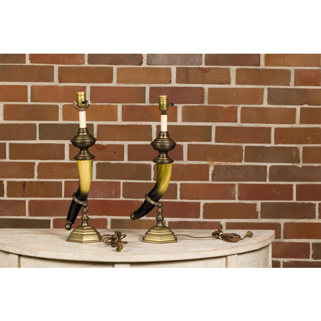Black 1970s Chapman Faux Horn and Brass Table Lamps - a Pair For Sale - Image 8 of 12