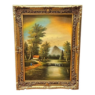 Landscape Lake Hand-Painting on Cotton Fabric For Sale