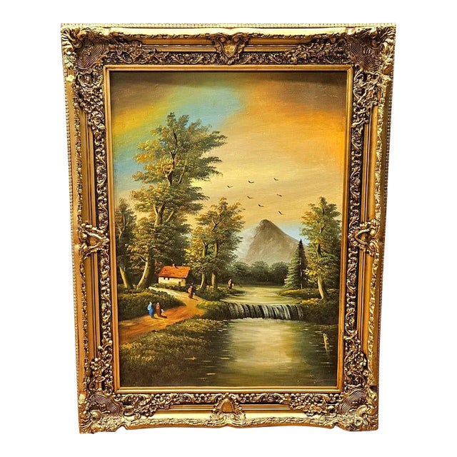 Landscape Lake Hand-Painting on Cotton Fabric For Sale