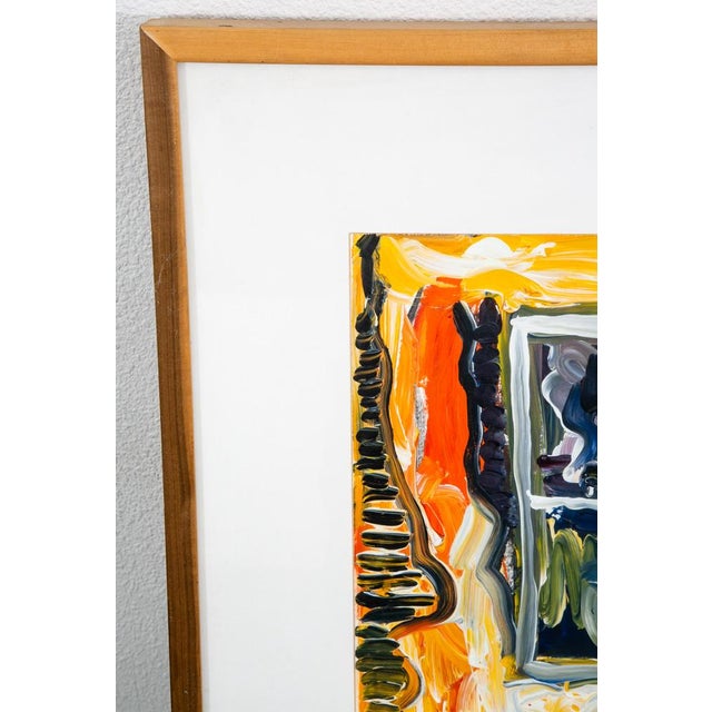 Yellow Mid Century Modern Painting Art Abstract Portrait Signed Smoking Cowboy Vintage For Sale - Image 8 of 12