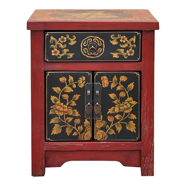 Oriental Red Black Doors Golden Flowers Graphic End Table Nightstand For Sale