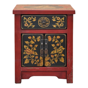 Oriental Red Black Doors Golden Flowers Graphic End Table Nightstand