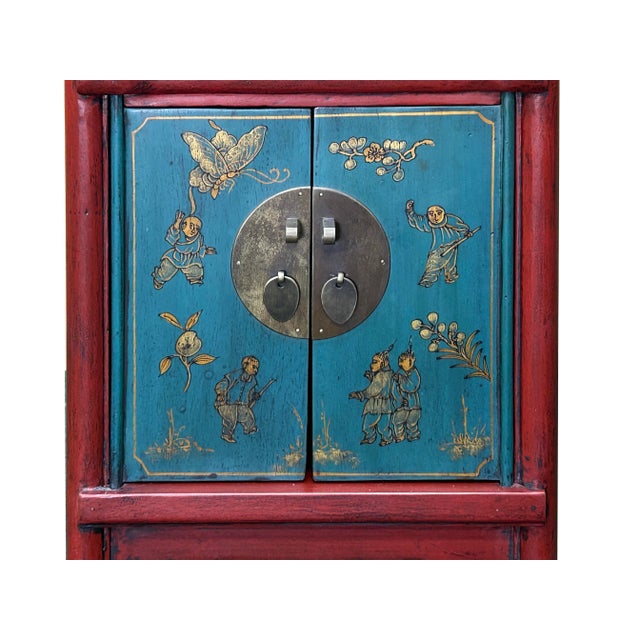 1990s Oriental Red Blue Doors Golden Butterflies Fishes Graphic End Table Nightstand For Sale - Image 5 of 8