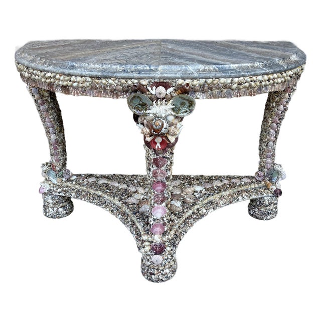 Grotto Style Seashell Encrusted Half Moon Console Table With Hand Painted Faux Marble Top For Sale