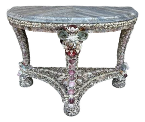 Grotto Style Seashell Encrusted Half Moon Console Table With Hand Painted Faux Marble Top