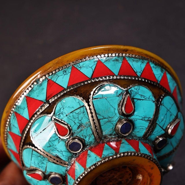 1970s Tibetan/Nepalese Style Handmade Amber Butter Bowl — Inlaid Turquoise, Coral & Filigree Metal For Sale - Image 5 of 9