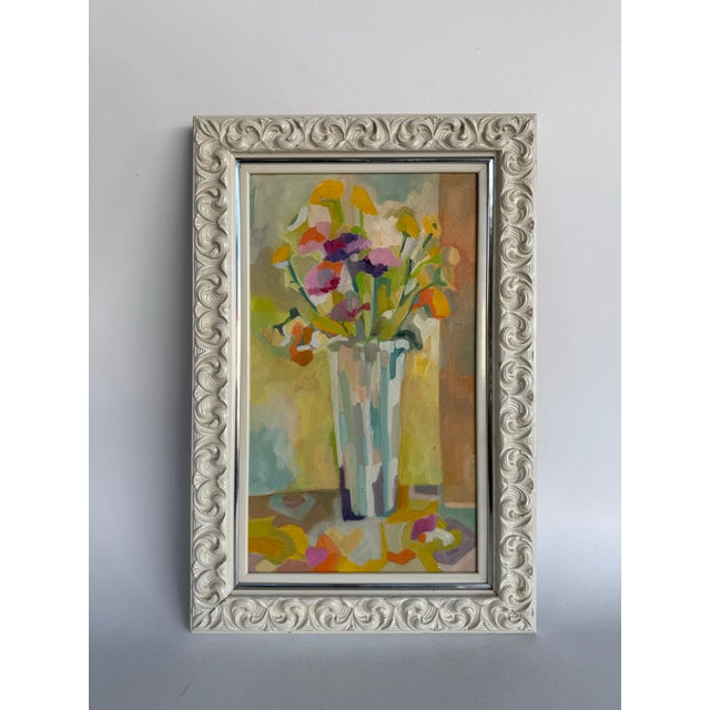 Late 20th Century Vintage Midcentury Cubist Oil on Canvas Flowers Painting For Sale - Image 5 of 11