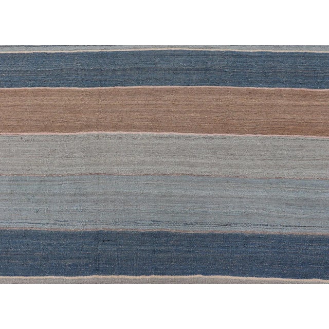 2020s Striped Kilim Blue and Brown Hand Woven Wool by Keivan Woven Arts 9'3 X 12'0 For Sale - Image 5 of 13