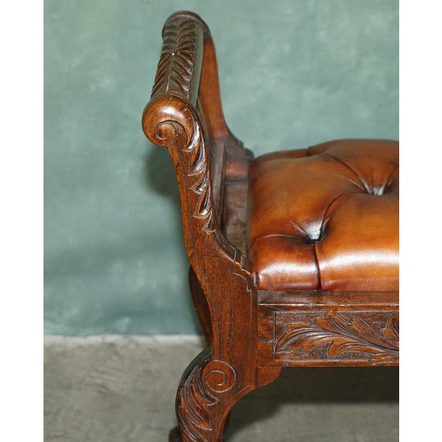 Victorian Carved Hardwood and Brown Leather Chesterfield Window Seat, 1890 For Sale - Image 16 of 18
