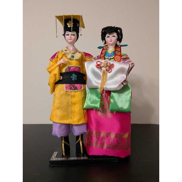 Traditional Vintage Korean Wedding Dolls in Glass & Wooden Case For Sale - Image 3 of 10