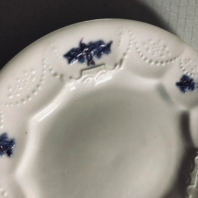 Antique light blueish purple and white with lace edges plates 7.15"D , no makers mark , as is chip under the rim, hairline...