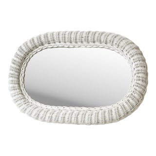 1970s Mid-Century Modern White Oval Handwoven Rattan Pencil Reed Wall Mirror For Sale