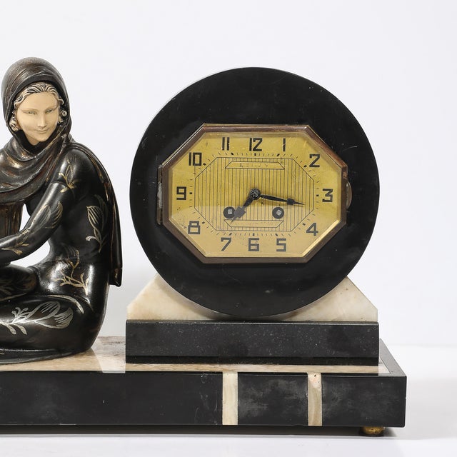 Art Deco Emoy Mantelpiece Clock With Seated Flapper in the Manner of Chiparus For Sale - Image 4 of 17