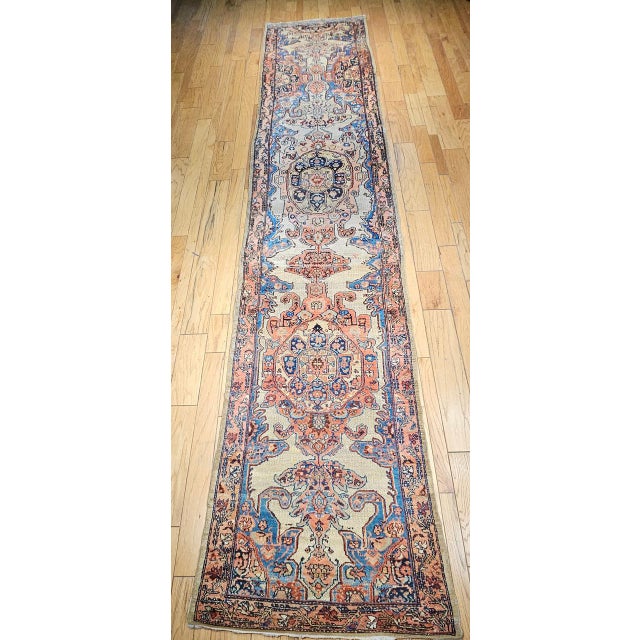Antique Persian Malayer Runner Rug, Hand-Knotted Wool, Geometric Pattern, 4x20, Ivory & Blue For Sale In Chicago - Image 6 of 14