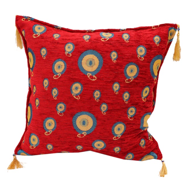 1990s Starry Night Glory Red Chenille Decorative Turkish Pillow For Sale In New York - Image 6 of 6