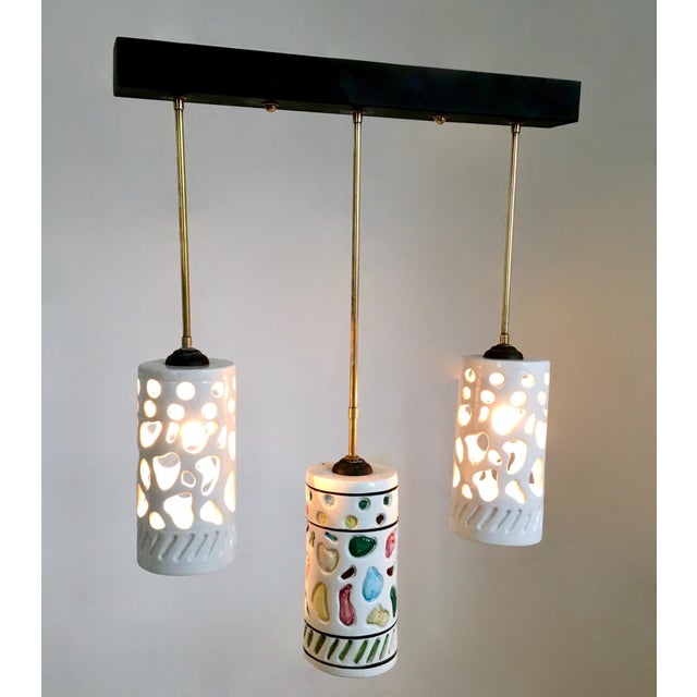 Mid-Century Modern Vintage Hanging Light with Cylindrical Ceramic Lampshades by Ceramiche Pucci, 1960s For Sale - Image 3 of 9