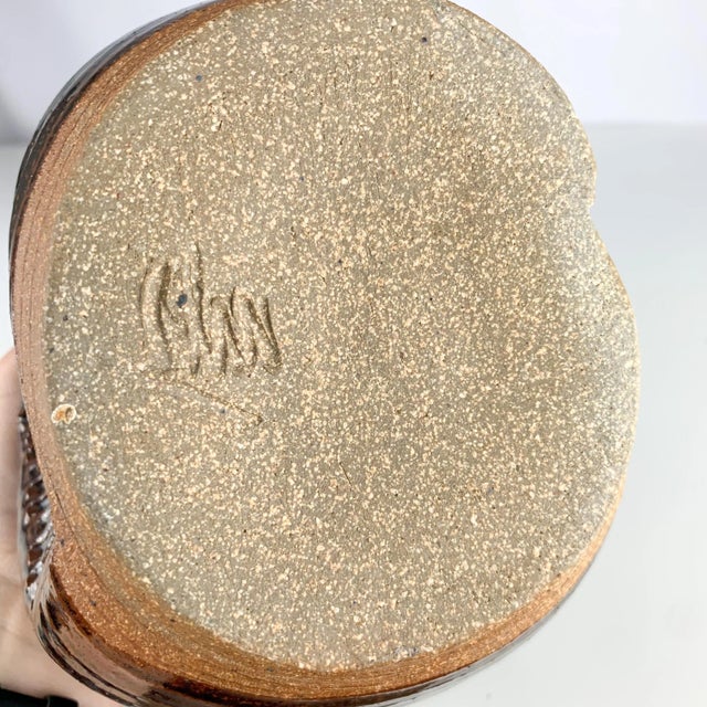 Vintage Studio Art Pottery Textured Vase Artist Signed Brown Mid Century Modern South Western For Sale - Image 9 of 12