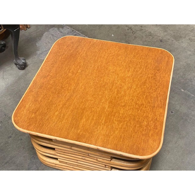 Restored 1940s Stacked Rattan Coffee Table with Rattan Wrapped Mahogany Top For Sale In Los Angeles - Image 6 of 10