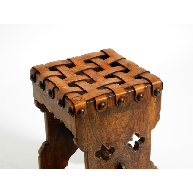 Vintage Oak Stool with Seat in Leather Straps, 1940s For Sale - Image 15 of 18