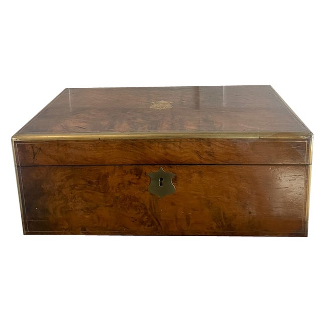 Victorian Burr Walnut Brass Bound Writing Box, 1878 For Sale
