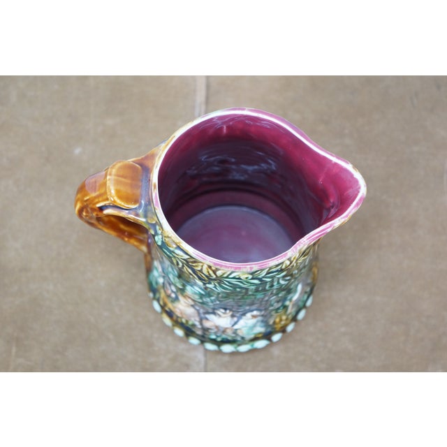Antique Onnaing Majolica 714 Castle Courtyard Tavern Green Man Jug Pitcher 9" For Sale - Image 4 of 17