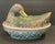 Antique heavy porcelain Famille Verte soup tureen, the lid in the form of a sleeping duck, the base oval with water...