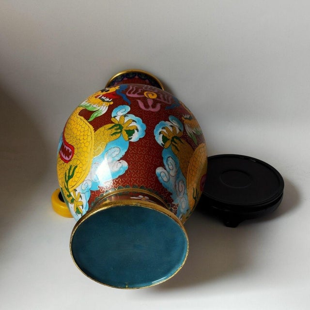 Metal Vintage Cloisonné Enamel Dragon Vase – Red Ground, Gilt Accents, With Stand & Box For Sale - Image 7 of 9