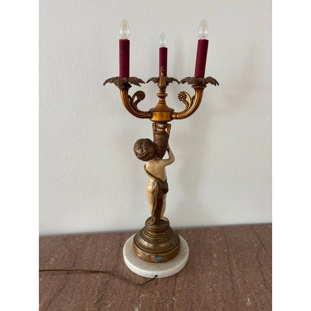 Antique Neoclassical Figural Candelabra Table Lamp, Featuring a Cherub or Putti Figurine Holding a Candelabra, on a Marble Base For Sale - Image 4 of 12