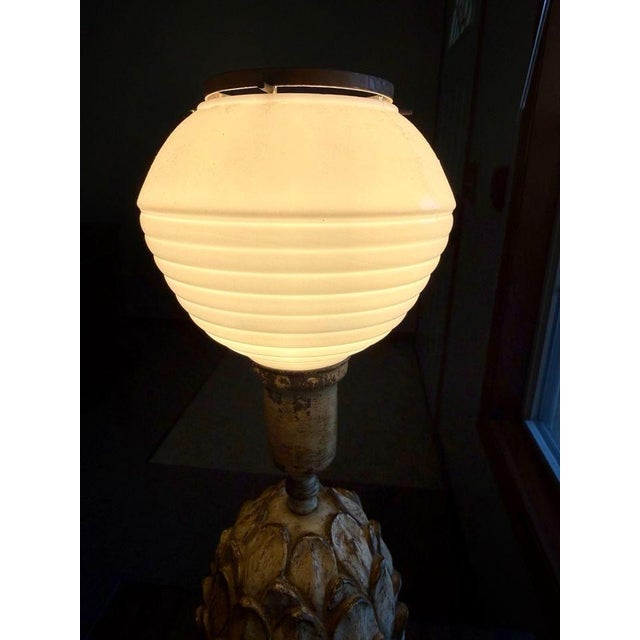 Vintage Hollywood Regency Carved Artichoke Table Lamps, Pair With Ribbed Milk Glass Globes For Sale - Image 9 of 9