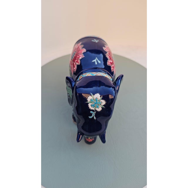 Vintage Glazed Ceramic Elephant Figurine with Floral Motifs, 1980s For Sale - Image 4 of 9