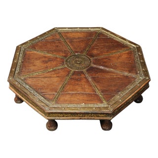 Antique Octagonal Low Hardwood Eastern Table with Decorative Brass Trims, 1890s For Sale