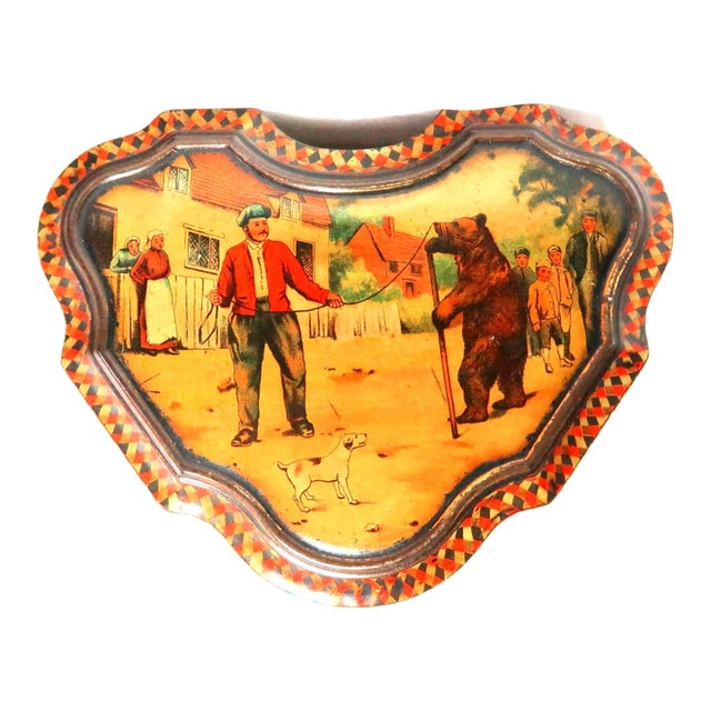 Very Rare Antique Huntley and Palmers Lidded Hinged Biscuit Tin Themed With Monkeys, Children, Cats and Dogs. Circa 1880 - 1900 For Sale