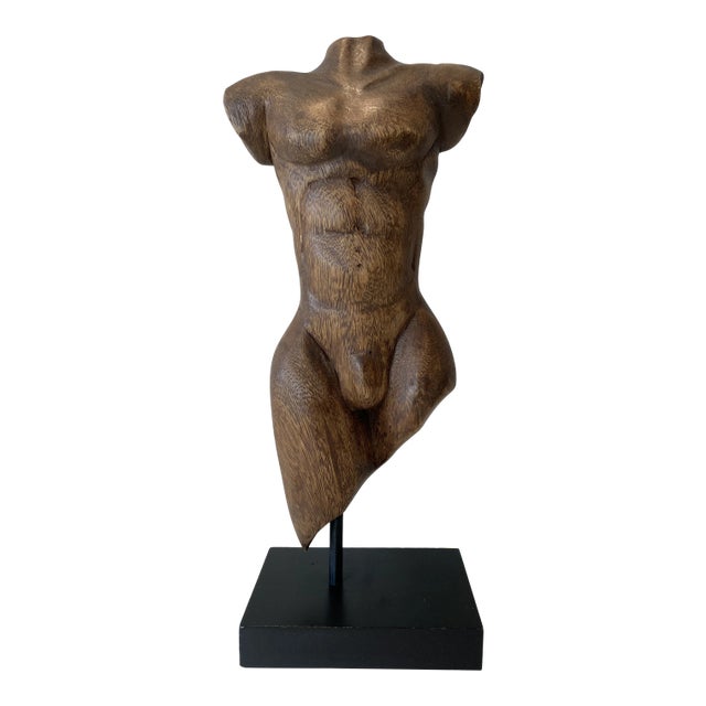 Mid 20th Century Vintage Male Torso Wood Carving For Sale