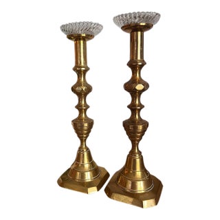 Vintage Solid Brass Octagonal Candlesticks With Swirl Glass Bobeches, Pair For Sale