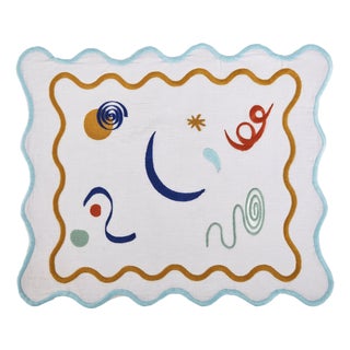 Misette Celestial Embroidered Linen Placemats in Blue/Amber, Set of 4 For Sale
